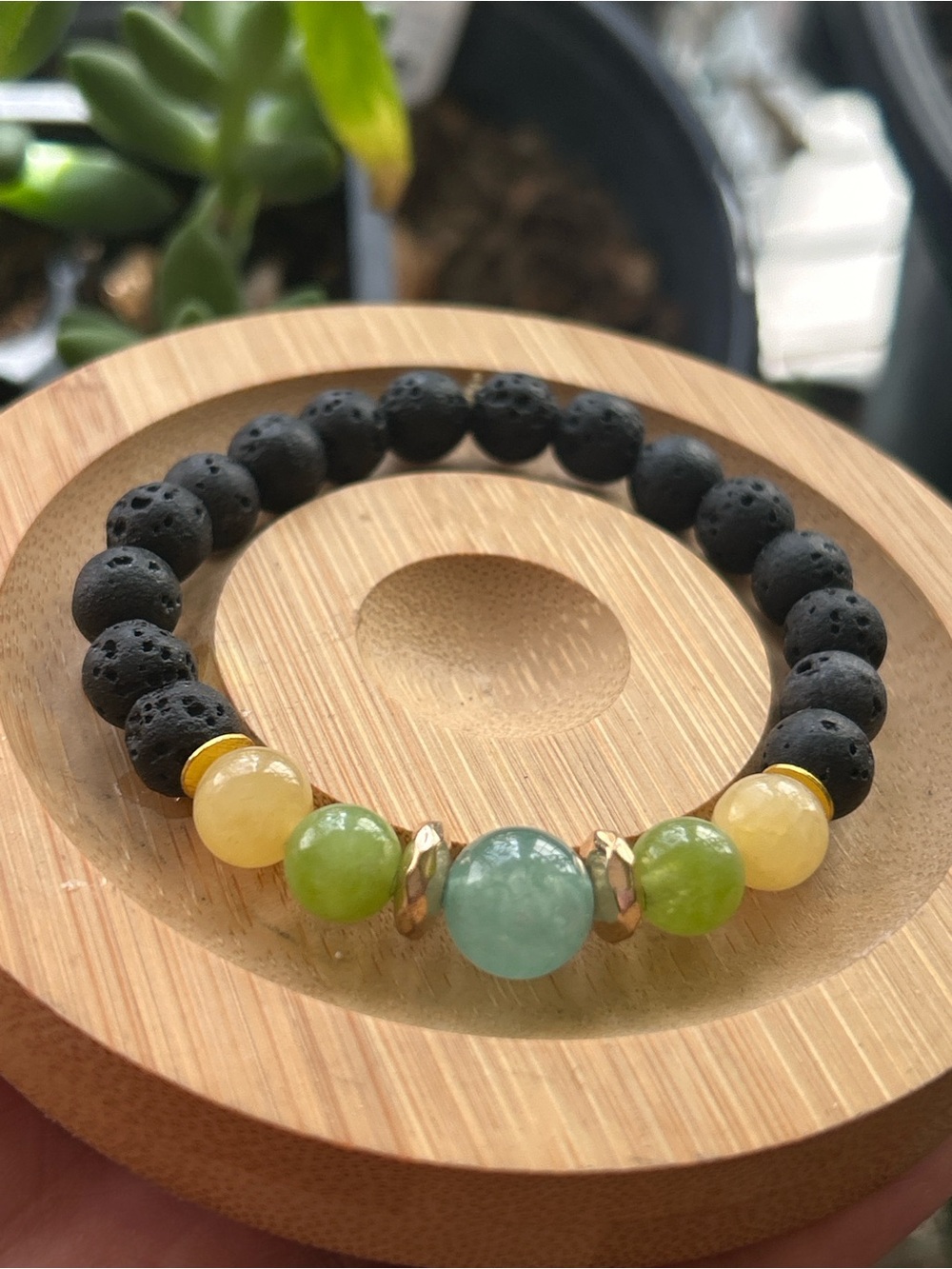 Handmade Lava Stone Bracelet w Green Aventurine + Canadian Jade & Yellow Calcite